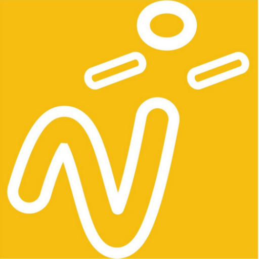 Logo de l'association Tremplin Handicap. Bonhomme blanc sur fond jaune avec le corps en forme de vague pour rappeler un tremplin